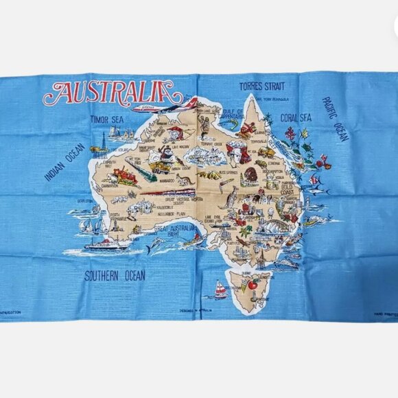 Vintage Australia Map Hand Printed Tea Towel Linen / Cotton 31x18.5 inches - Picture 2 of 7